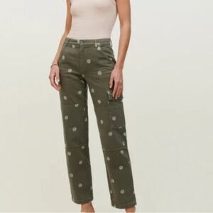 Reformation Olive Green Cargo Pants with Daisies. Size 23.